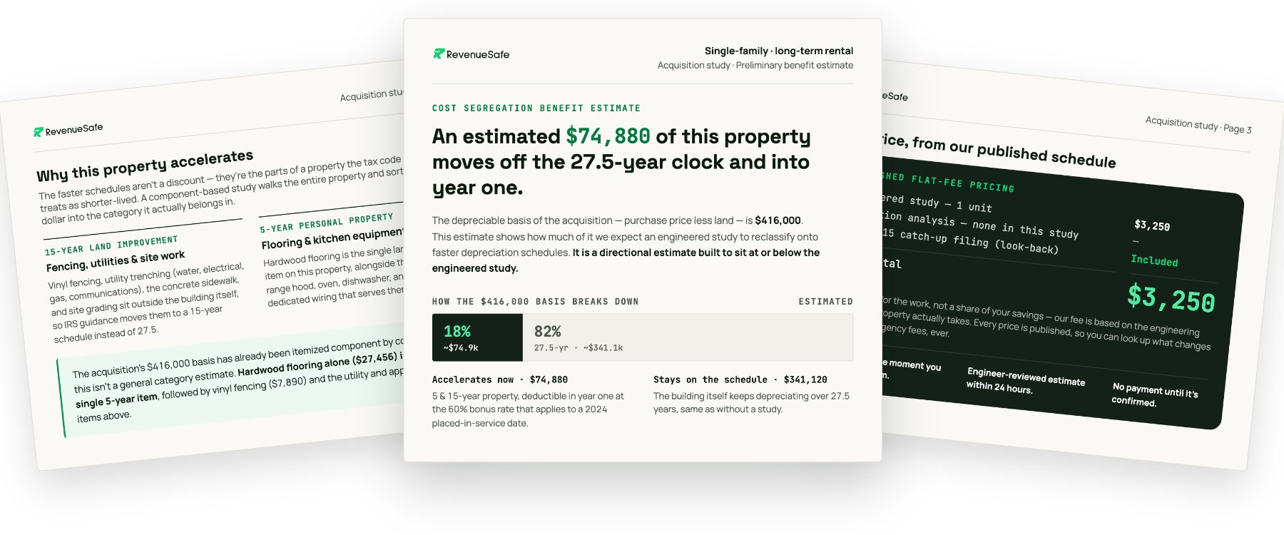 Three pages of a RevenueSafe cost segregation benefit estimate.