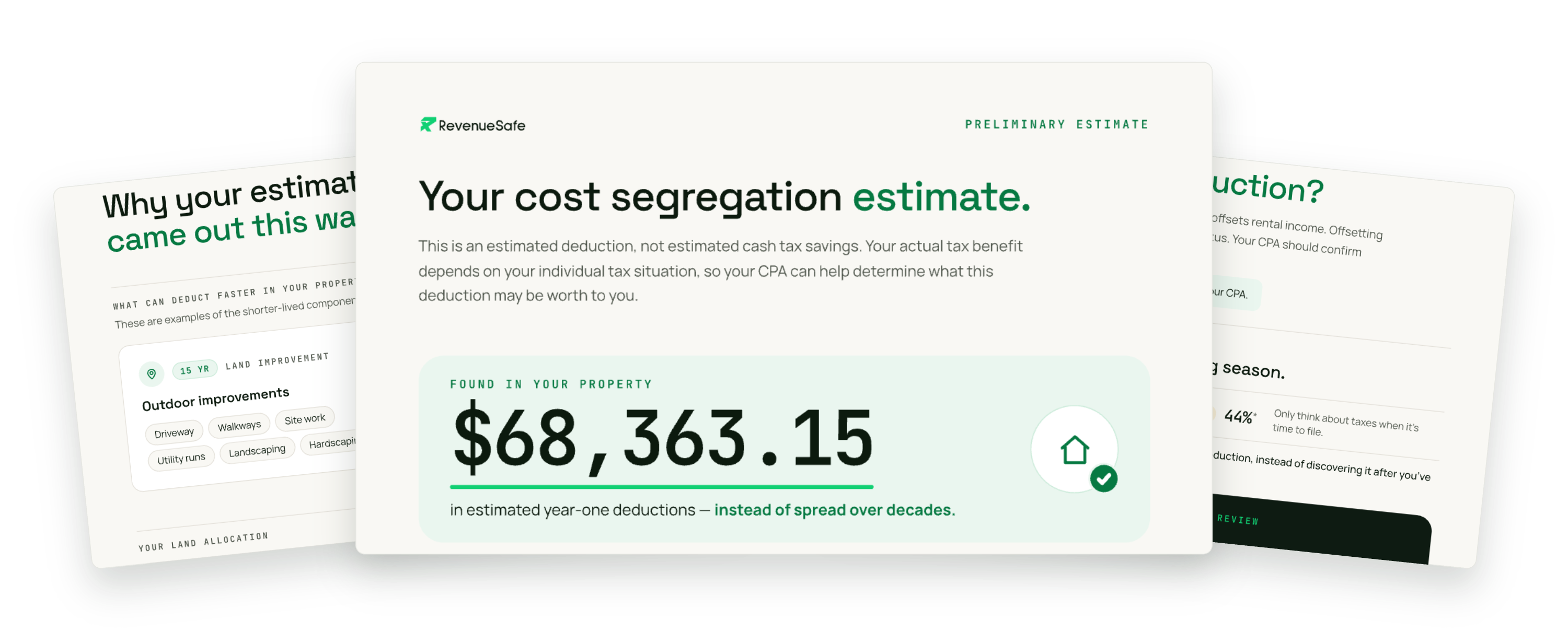 Three pages of a RevenueSafe cost segregation benefit estimate.
